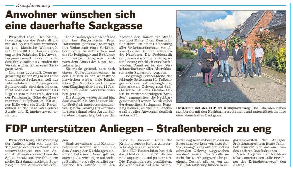 Die Glocke, 14.09.2023: Anwohner vom Krimphoveweg wünschen sich dauerhafte Sackgasse - FDP unterstützen Anliegen 
