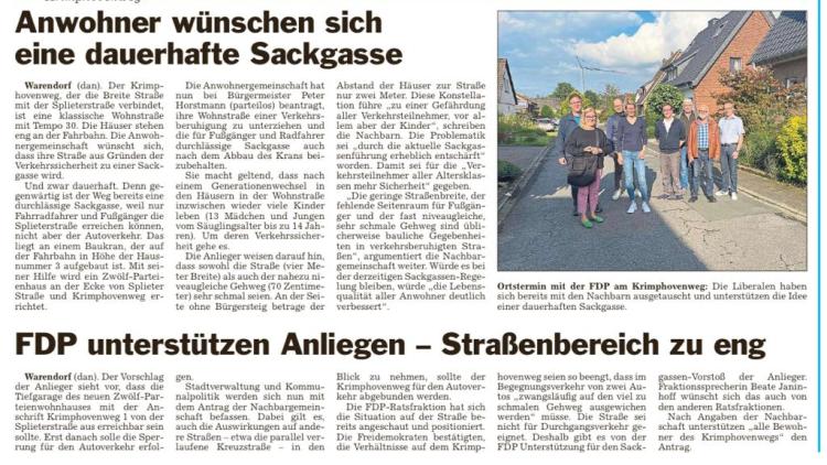 Die Glocke, 14.09.2023: Anwohner vom Krimphoveweg wünschen sich dauerhafte Sackgasse - FDP unterstützen Anliegen 