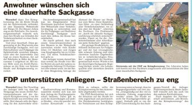 Die Glocke, 14.09.2023: Anwohner vom Krimphoveweg wünschen sich dauerhafte Sackgasse - FDP unterstützen Anliegen